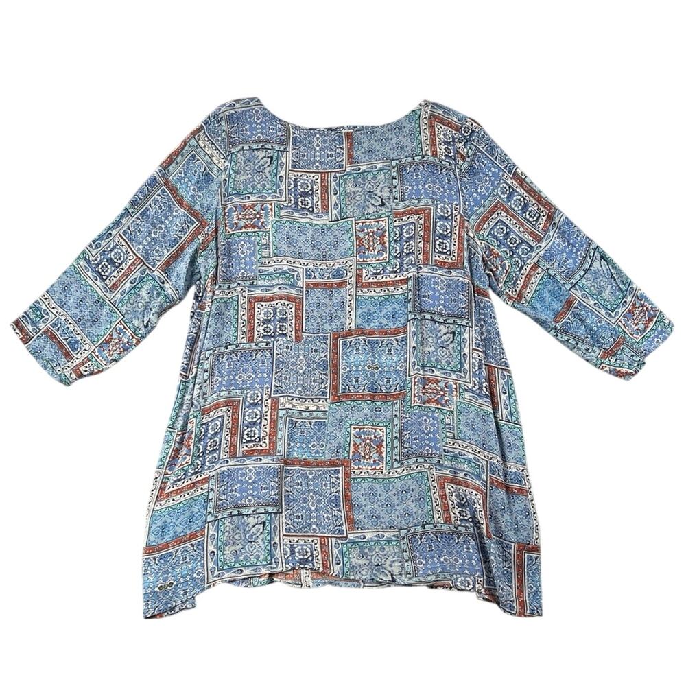 J. Jill Blue Patchwork Tunic Top Rayon 3/4 Sleeve Lightweight Boho - L
